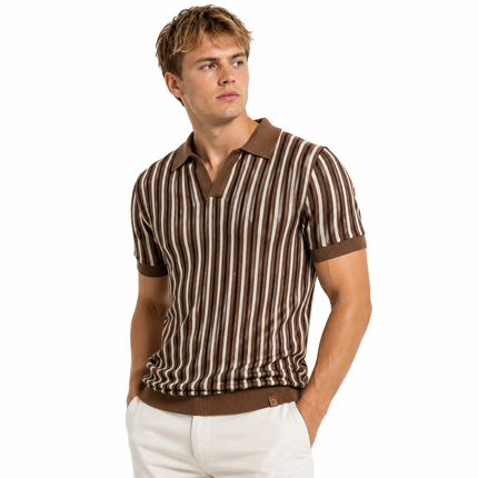 Strikket Polo for Herre med Striper – Kortermet V-hals Business Casual