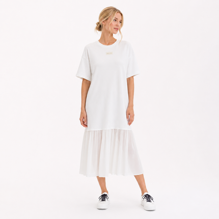 Midi Kjole til Dame – Løs Kjole med Rund Hals og Chiffondetaljer