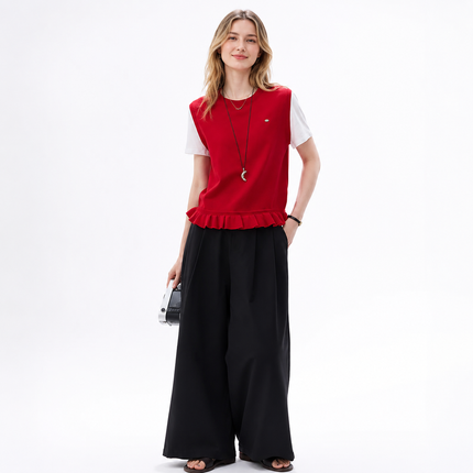 Strikket Faux Two-Piece Topp til Dame – Kontrast og Volangdetaljer
