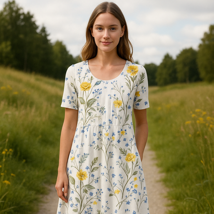 Sommerkjole med Rund Hals – Ledig Bomullsmodell med Trykk og Knelengde