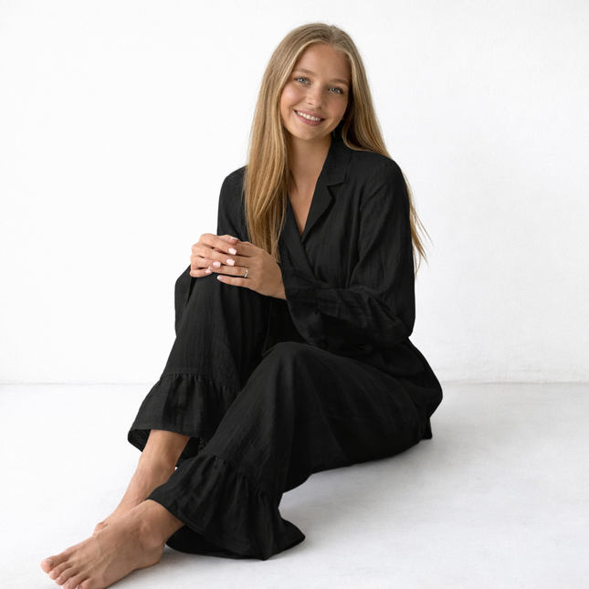 Dame Nattøysett – To-delt Pyjamas med Skjortekrage og Langermet Overdel | Løst og Komfortabelt Hjemmetøy for Kveldsbruk