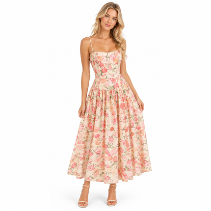 Blomstret Maxikjole med Korsettinspirert Liv for Dame – A-Line Sommerkjole