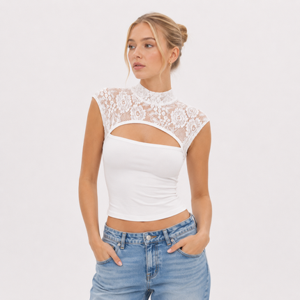 Blonde Crop Top til Dame | Ermeløs Topp med Utskjæringer og Ståkrage