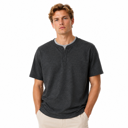 260G Heavyweight T-skjorte for Herre – Todelt Look med Henley-detalj og Droppede Skuldre