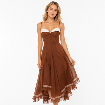 Chiffonkjole med Spagettistropper for Dame – Elegant A-Line Kjole med Volangkant
