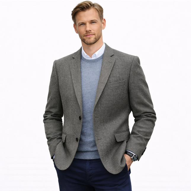 Herreblazer i Fiskebensmønster – Lett Slim Fit Dressjakke | Elegant Enkeltstående Blazer til Bryllup, Fest og Business