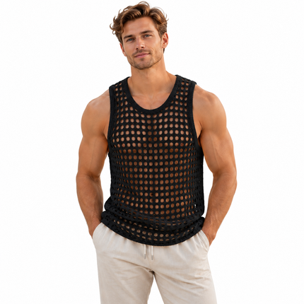 Ermeløs mesh-tanktop for menn med gjennombrutt design – S–2XL