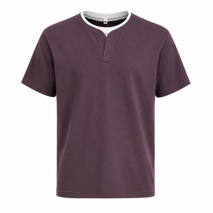 260G Heavyweight T-skjorte for Herre – Todelt Look med Henley-detalj og Droppede Skuldre
