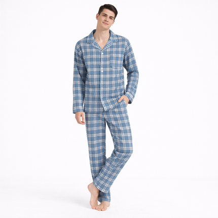 Herre Pysjsett i Dobbel Gassbomull – Langermet Skjorte og Bukse | Mykt og Pustende Nattøy til Vår og Høst