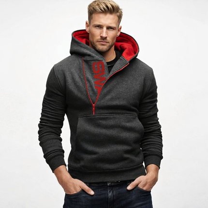 Herre Hoodie med Glidelås og Høy Hals – Langermet Genserjakke i Sort | Komfortabel og Stilig Sweatshirt til Høst og Vinter