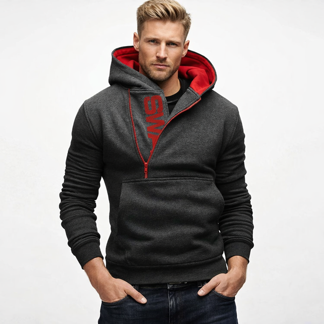 Herre Hoodie med Glidelås og Høy Hals – Langermet Genserjakke i Sort | Komfortabel og Stilig Sweatshirt til Høst og Vinter