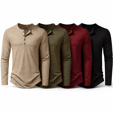 Herre Henley T-skjorte i Bomull – Langermet & Pustende | Casual Basisgenser med Knapper Pakke