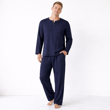 Herre Pysjsett i 100 % Bomull – Krøllet Lett Stoff med Langermet Skjorte og Bukse | Komfortabelt To-delt Hjemmesett til Vår og Sommer