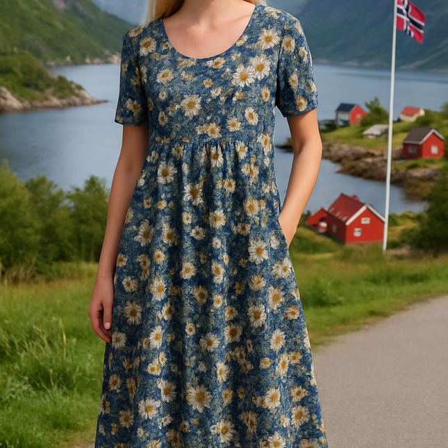 Sommerkjole med Rund Hals – Ledig Bomullsmodell med Trykk og Knelengde