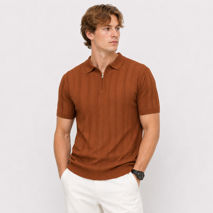 Strikket Polo med Glidelås til Herre – Vintage Jacquard Sommertopp
