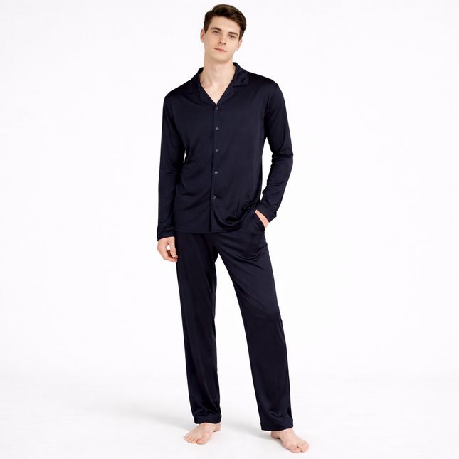 Luksus Silke Pysjsett for Menn – 25 % Silke, Strikket og Mykt Stoff | Komfortabelt Langermet Loungewear i Store Størrelser