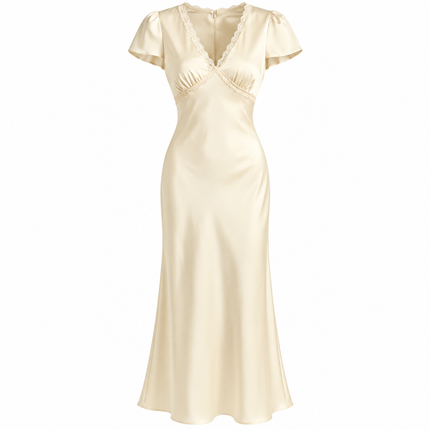 Elegant Sateng Midikjole med Blonde for Dame – V-hals Sommerkjole