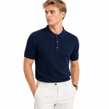 Strikket Slim Fit Polo for Herre med Striper – Kortermet Business Casual