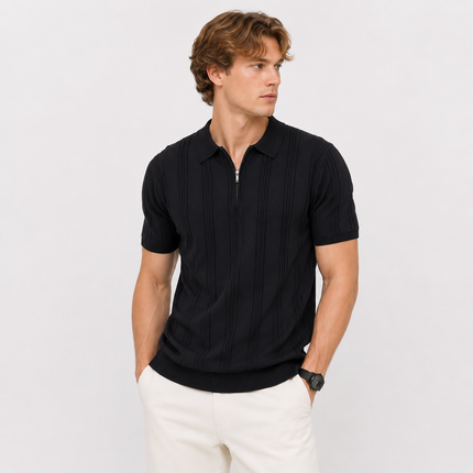 Strikket Polo med Glidelås til Herre – Vintage Jacquard Sommertopp