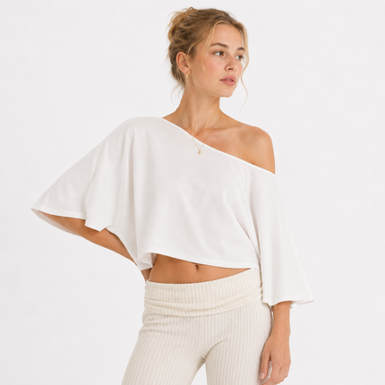 Crop Topp i 100 % Bomull til Dame – Løs Passform med Bred Utringning