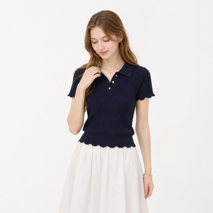 Marineblå Strikket Polo Topp til Dame – Elegant Slim Fit Sommerstil