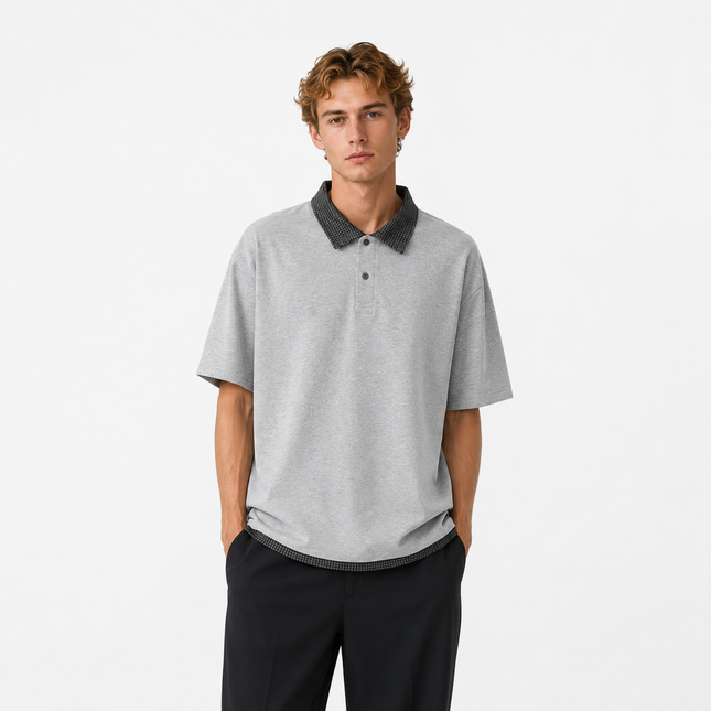 Retro Polo T-skjorte til Herre – Heavyweight Rutete Fake Two-Piece Design