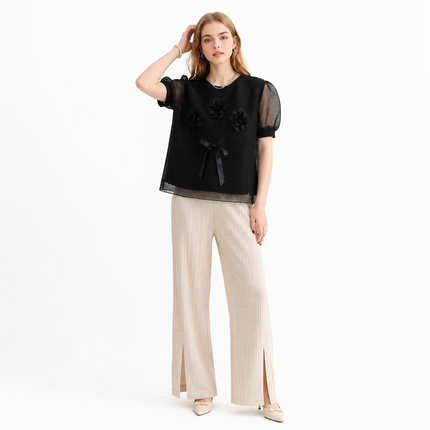 Plissert Topp til Dame med Organza Pufferm – Elegant 3D-Blomster Sommertopp