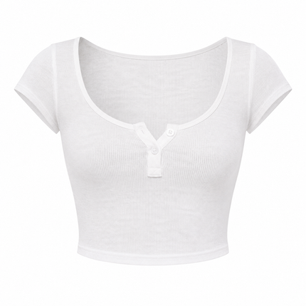 Transparent Crop Topp med V-hals og Knapper – Kortermet Slim Fit Topp for Dame