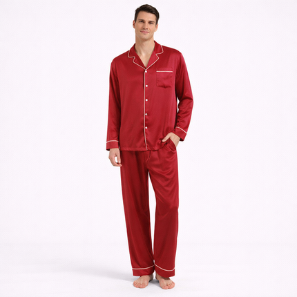 Eksklusivt Pysjsett for Menn i 100 % Ekte Silke – 25 Momme Sateng | Langermet Luksus Nattøy og Loungewear til Sommer og Høst