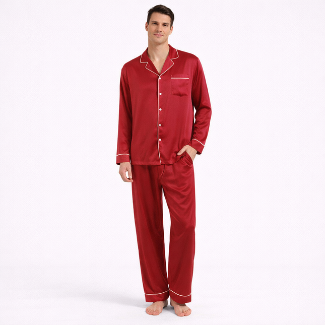 Eksklusivt Pysjsett for Menn i 100 % Ekte Silke – 25 Momme Sateng | Langermet Luksus Nattøy og Loungewear til Sommer og Høst