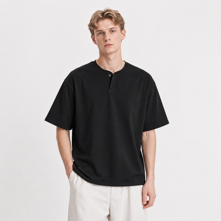 Henley T-skjorte til Herre – Kortermet Bomulls T-skjorte med Knapper