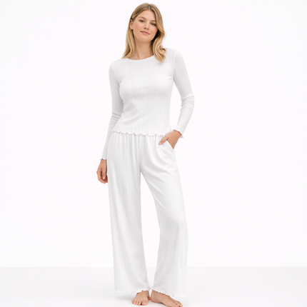 Dame Pysjsett med Hjerte-Jacquard – Strikket Langermet Cardigan og Bukse | Mykt og Komfortabelt Hjemmetøy til Vår og Høst