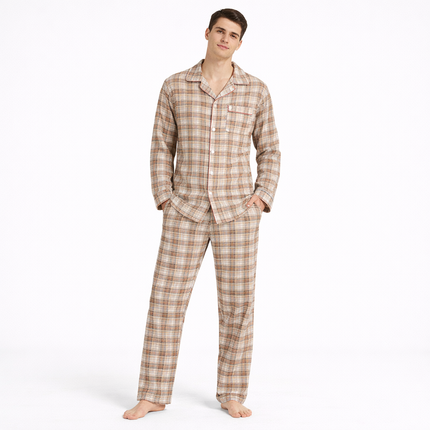 Japansk Pysjsett for Menn – 100 % Bomull med Rutemønster | Langermet To-delt Sett i Lett og Pustende Stoff til Vår og Sommer (2026)