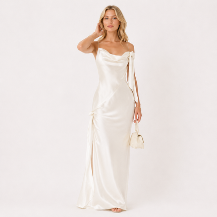 Hvit Maxikjole til Dame – Ryggløs Kjole med 3D-Blomster og Elegant Drapering