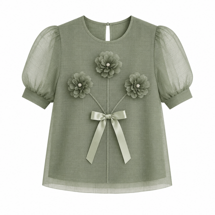Plissert Topp til Dame med Organza Pufferm – Elegant 3D-Blomster Sommertopp