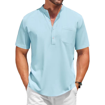 Sommerlig Herreskjorte med Kort Erm – Avslappet Henley Stil i Bomull med Lommer