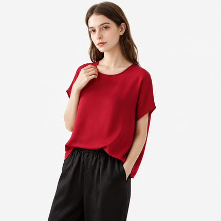 Plus Size Silketopp til Dame – Løs T-skjorte i Mulberry Silk Crepe De Chine