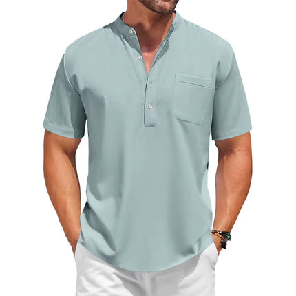 Sommerlig Herreskjorte med Kort Erm – Avslappet Henley Stil i Bomull med Lommer