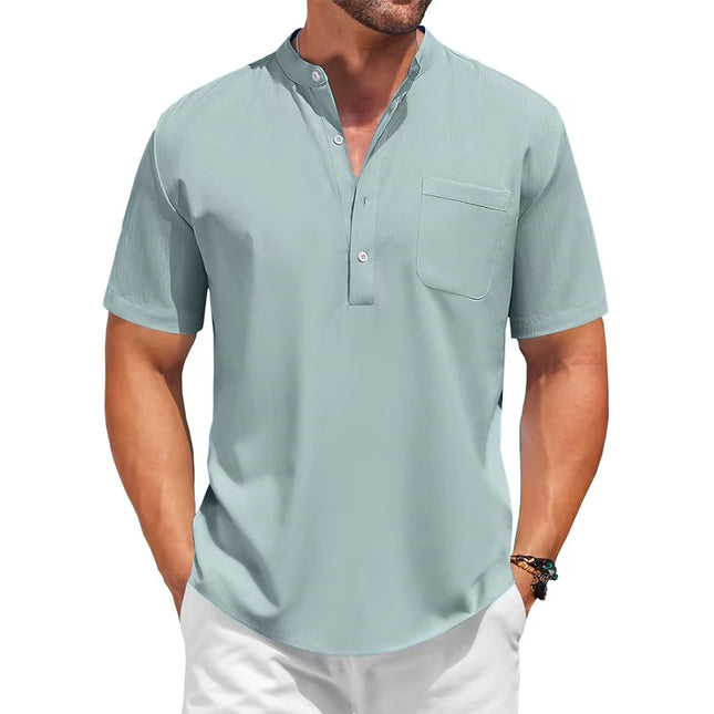 Sommerlig Herreskjorte med Kort Erm – Avslappet Henley Stil i Bomull med Lommer
