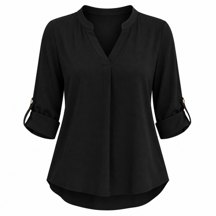 Elegant damebluse med V-hals og oppbrettbare ermer