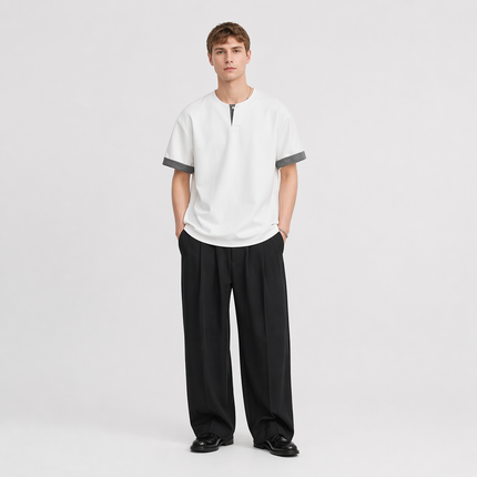 Kraftig Henley T-skjorte til Herre – 260g med Rutete Detaljer & Løs Passform