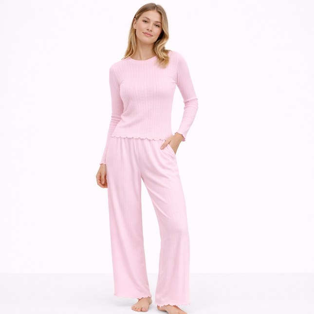 Dame Pysjsett med Hjerte-Jacquard – Strikket Langermet Cardigan og Bukse | Mykt og Komfortabelt Hjemmetøy til Vår og Høst