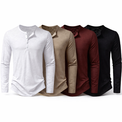 Herre Henley T-skjorte i Bomull – Langermet & Pustende | Casual Basisgenser med Knapper Pakke