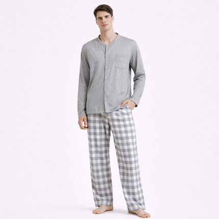 Japansk Pysjsett for Menn – 100 % Bomull i Rutete Design | To-delt Cardigan-sett med Langermet Skjorte og Bukse til Vår og Høst (2026)