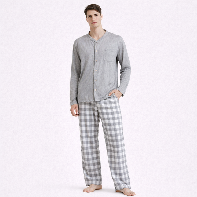 Japansk Pysjsett for Menn – 100 % Bomull i Rutete Design | To-delt Cardigan-sett med Langermet Skjorte og Bukse til Vår og Høst (2026)