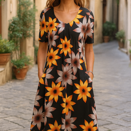 Sommerkjole med Rund Hals – Ledig Bomullsmodell med Trykk og Knelengde