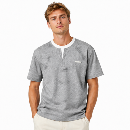 Heavyweight Henley T-skjorte med Lag-på-lag Design for Herre – Kortermet Bomullsblanding