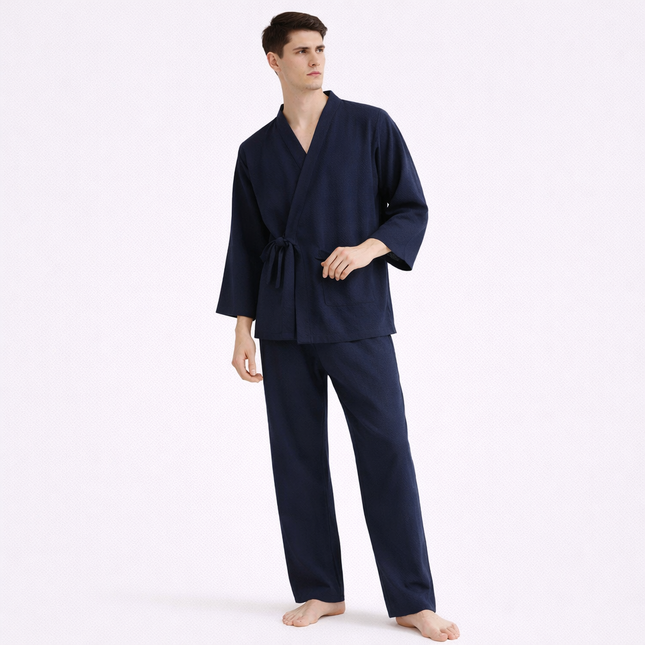 Japansk Pysjsett for Menn – 100 % Bomull i Tykt Luftlagstoff | Varmt Kimono-inspirert To-delt Nattøy til Høst og Vinter
