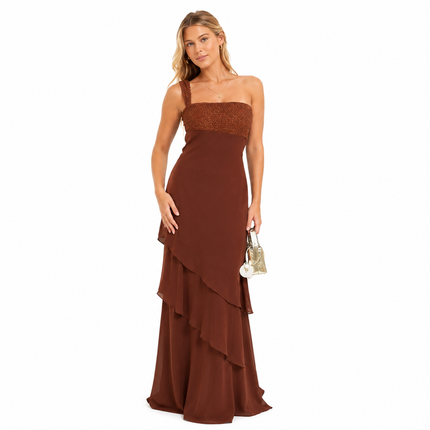 One-Shoulder Maxikjole i Chiffon – Elegant Kjole med Volanger for Dame