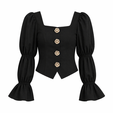 Elegant Bluse til Dame – Firkantet Hals, Puffermet & Gullknapper